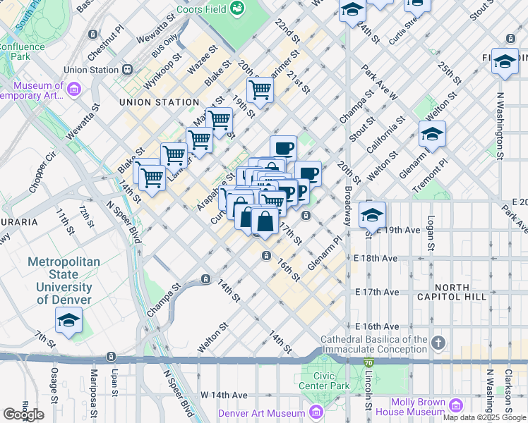 map of restaurants, bars, coffee shops, grocery stores, and more near 826 17th Street in Denver