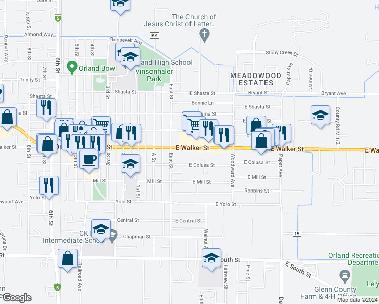 map of restaurants, bars, coffee shops, grocery stores, and more near 42 East Walker Street in Orland