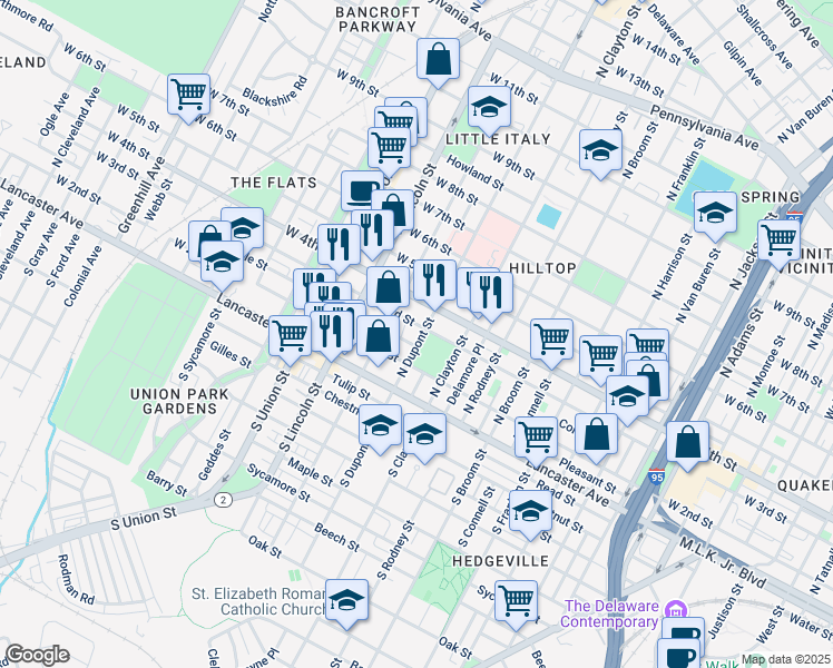map of restaurants, bars, coffee shops, grocery stores, and more near 239 North Dupont Street in Wilmington