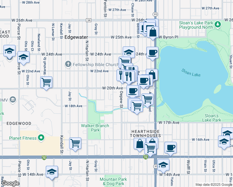 map of restaurants, bars, coffee shops, grocery stores, and more near 1960 Eaton Street in Lakewood