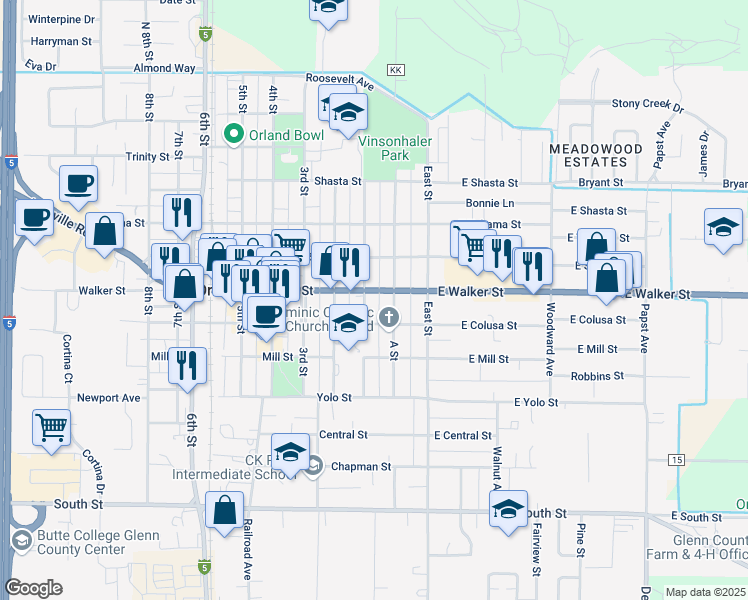 map of restaurants, bars, coffee shops, grocery stores, and more near 709 1st Street in Orland
