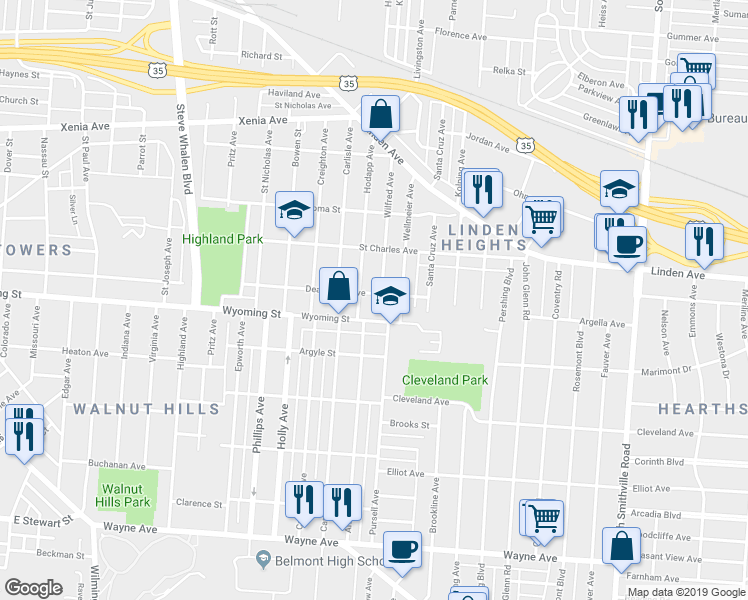 map of restaurants, bars, coffee shops, grocery stores, and more near 2016 Deanwood Avenue in Dayton