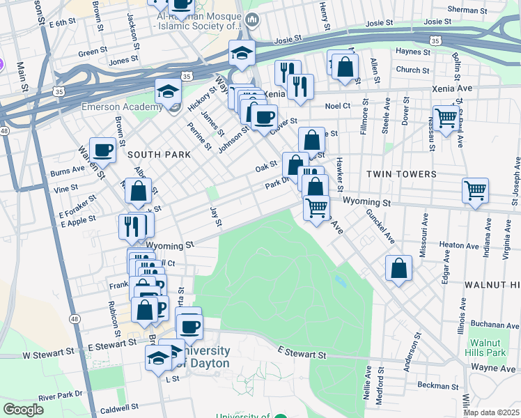 map of restaurants, bars, coffee shops, grocery stores, and more near 128 Cross Street in Dayton