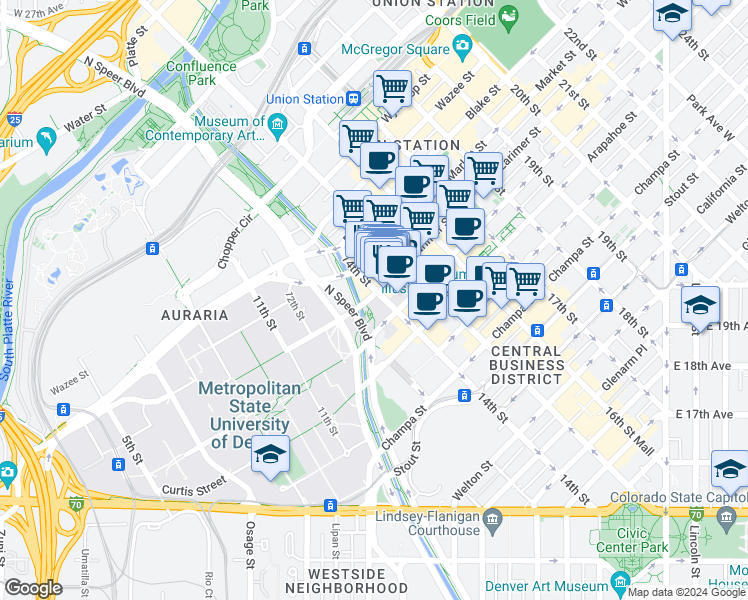 map of restaurants, bars, coffee shops, grocery stores, and more near 1392 Larimer Street in Denver