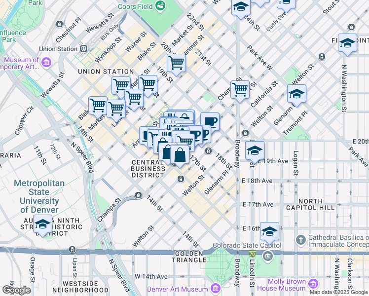 map of restaurants, bars, coffee shops, grocery stores, and more near 821 17th Street in Denver