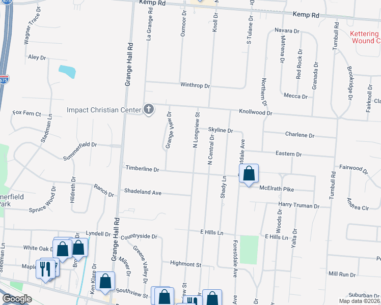 map of restaurants, bars, coffee shops, grocery stores, and more near 1921 North Longview Street in Dayton
