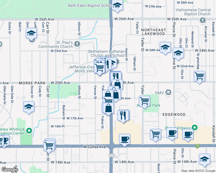 map of restaurants, bars, coffee shops, grocery stores, and more near 1940 Yukon Street in Lakewood