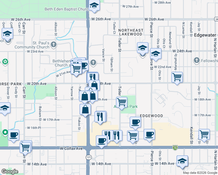 map of restaurants, bars, coffee shops, grocery stores, and more near 1961 Upham Street in Lakewood