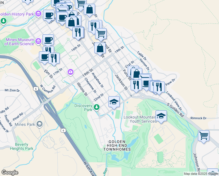 map of restaurants, bars, coffee shops, grocery stores, and more near 2122 West 22nd Street in Golden