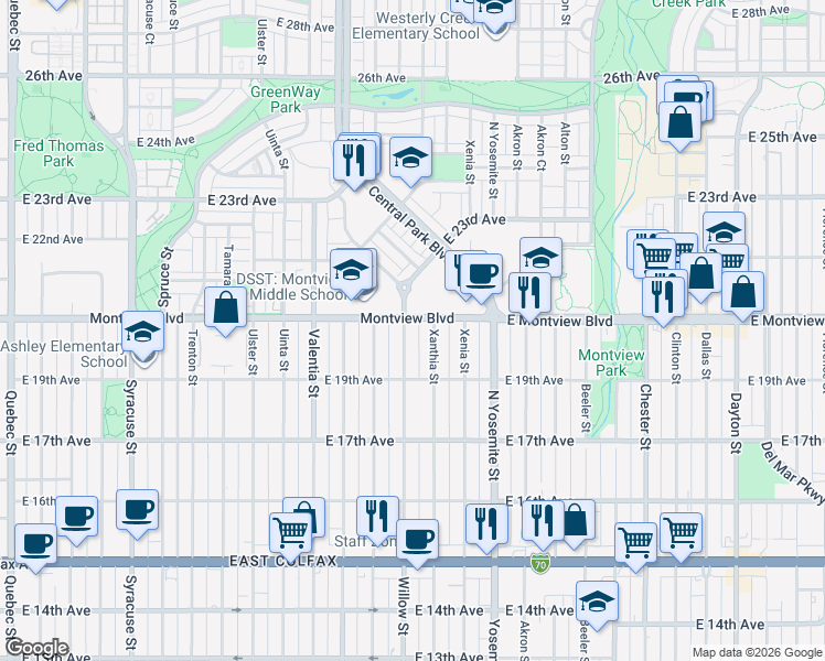 map of restaurants, bars, coffee shops, grocery stores, and more near 8630 Montview Boulevard in Denver