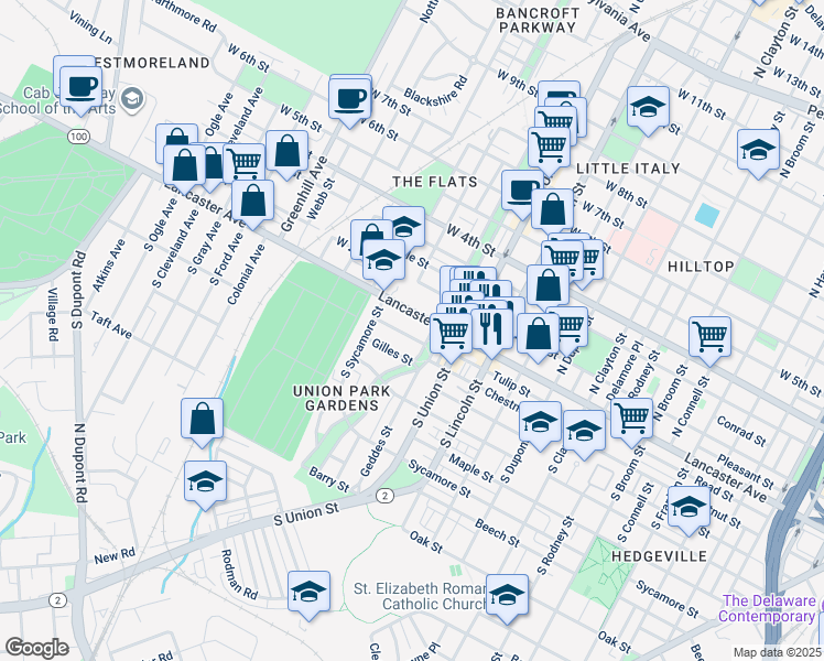 map of restaurants, bars, coffee shops, grocery stores, and more near 1 South Bancroft Parkway in Wilmington