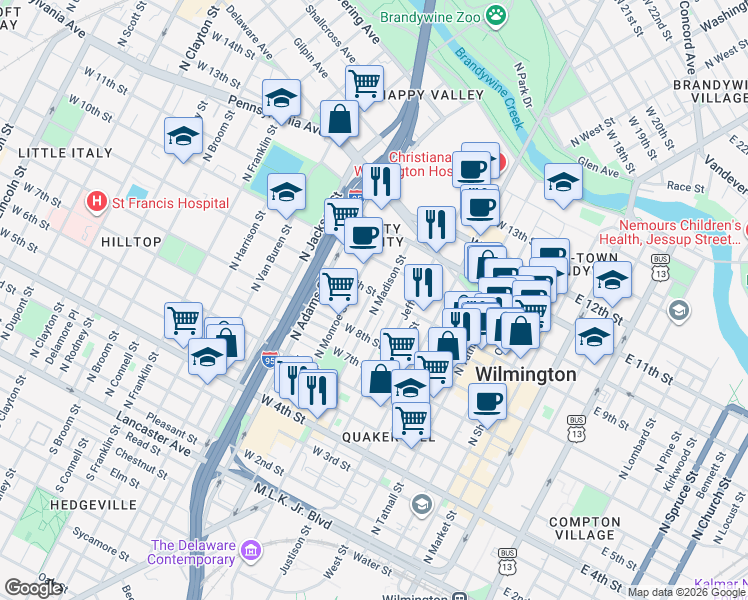 map of restaurants, bars, coffee shops, grocery stores, and more near 849 North Madison Street in Wilmington
