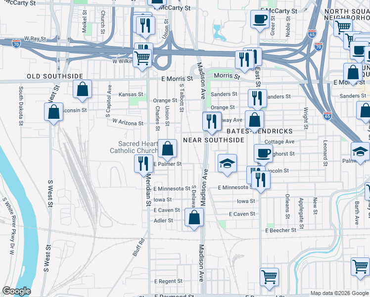 map of restaurants, bars, coffee shops, grocery stores, and more near 202 East Palmer Street in Indianapolis