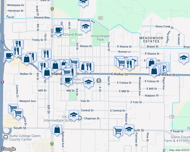 map of restaurants, bars, coffee shops, grocery stores, and more near 709 1st St in Orland