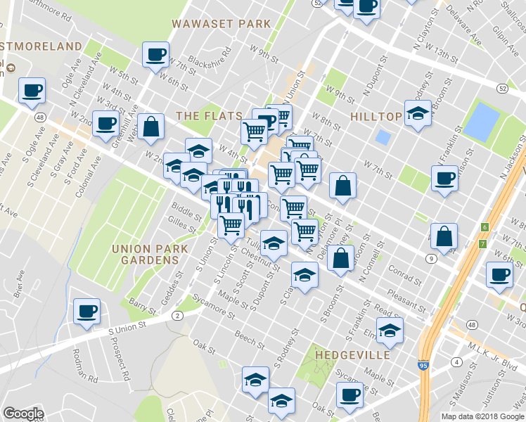 map of restaurants, bars, coffee shops, grocery stores, and more near 1821 West 2nd Street in Wilmington