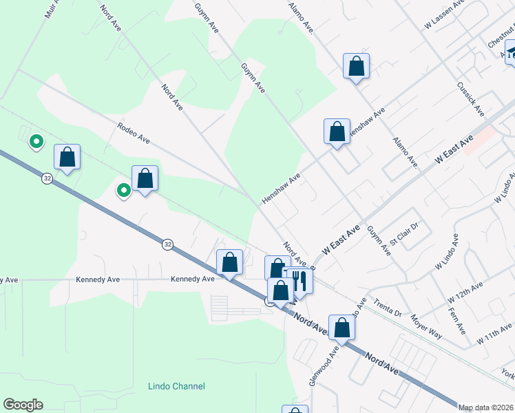 map of restaurants, bars, coffee shops, grocery stores, and more near 2701 Nord Avenue in Chico