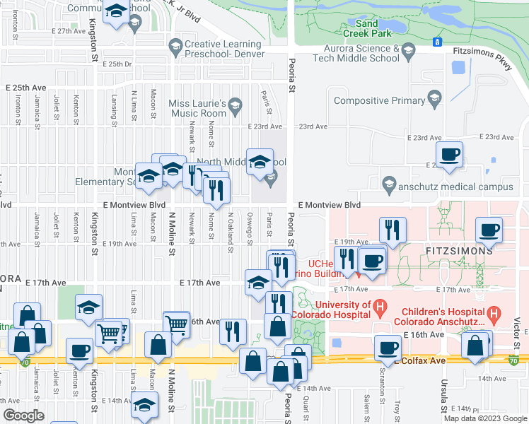map of restaurants, bars, coffee shops, grocery stores, and more near 11940 East Montview Boulevard in Aurora