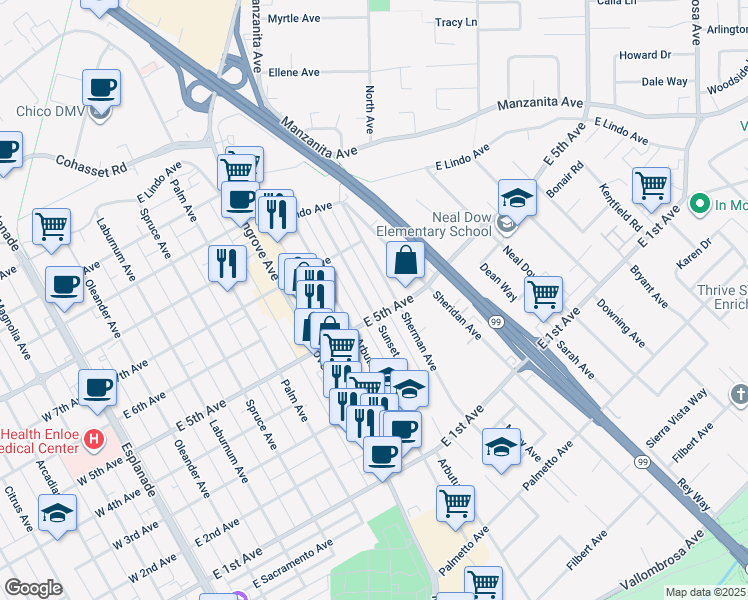 map of restaurants, bars, coffee shops, grocery stores, and more near 1514 Sunset Avenue in Chico