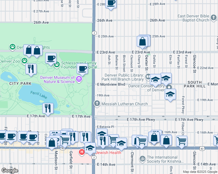 map of restaurants, bars, coffee shops, grocery stores, and more near 4120 Montview Boulevard in Denver