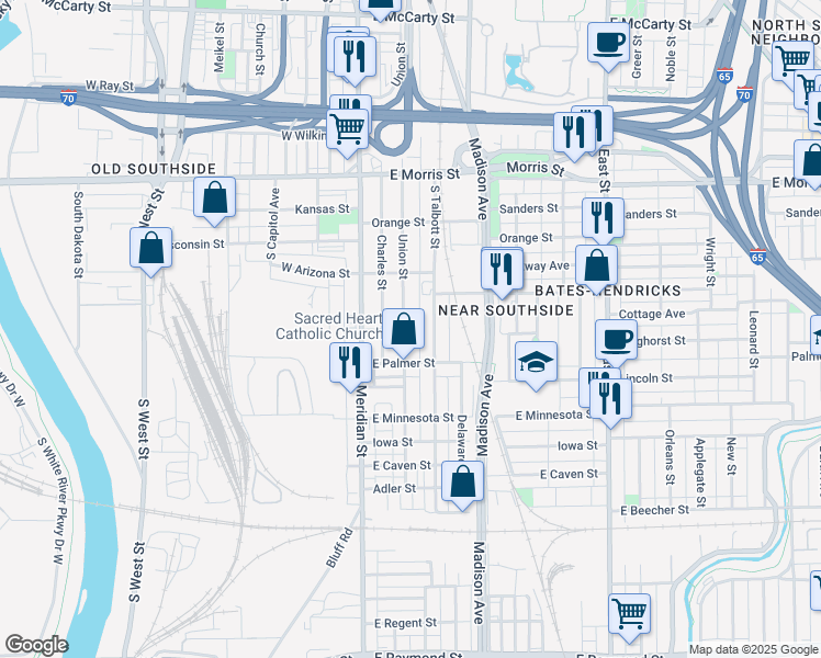 map of restaurants, bars, coffee shops, grocery stores, and more near 1509 Union Street in Indianapolis