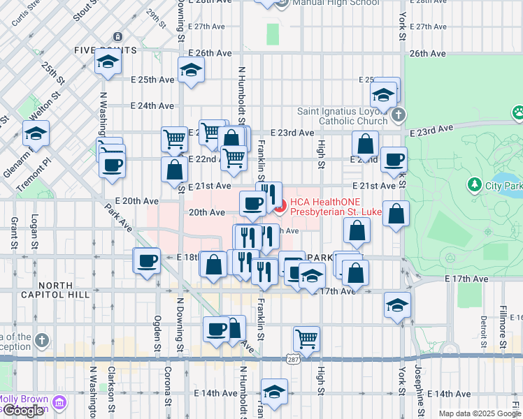 map of restaurants, bars, coffee shops, grocery stores, and more near 1640 East 20th Avenue in Denver