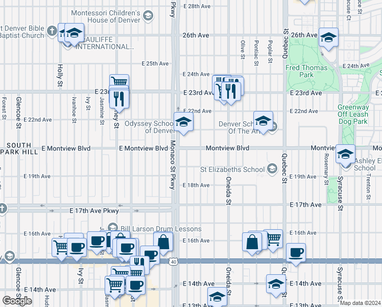 map of restaurants, bars, coffee shops, grocery stores, and more near 1950 Magnolia Street in Denver