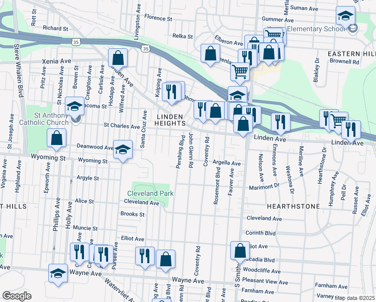 map of restaurants, bars, coffee shops, grocery stores, and more near 1443 John Glenn Road in Dayton