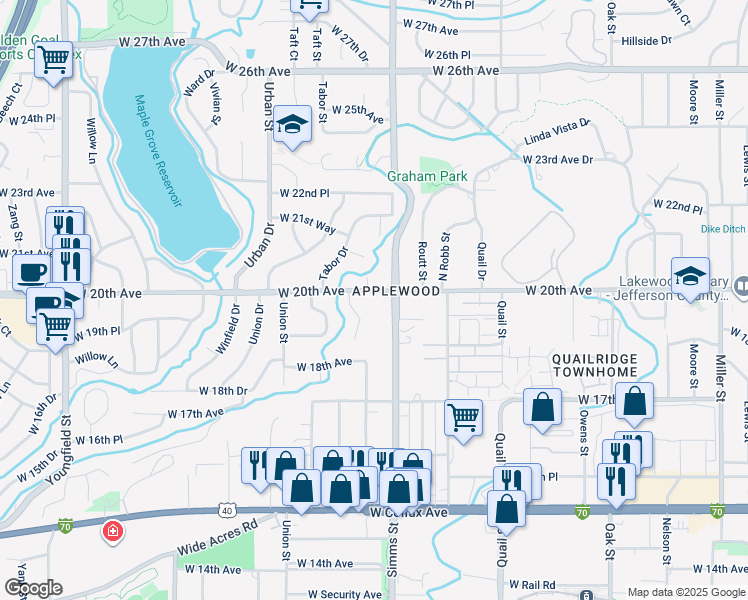 map of restaurants, bars, coffee shops, grocery stores, and more near 11650 West 20th Avenue in Lakewood