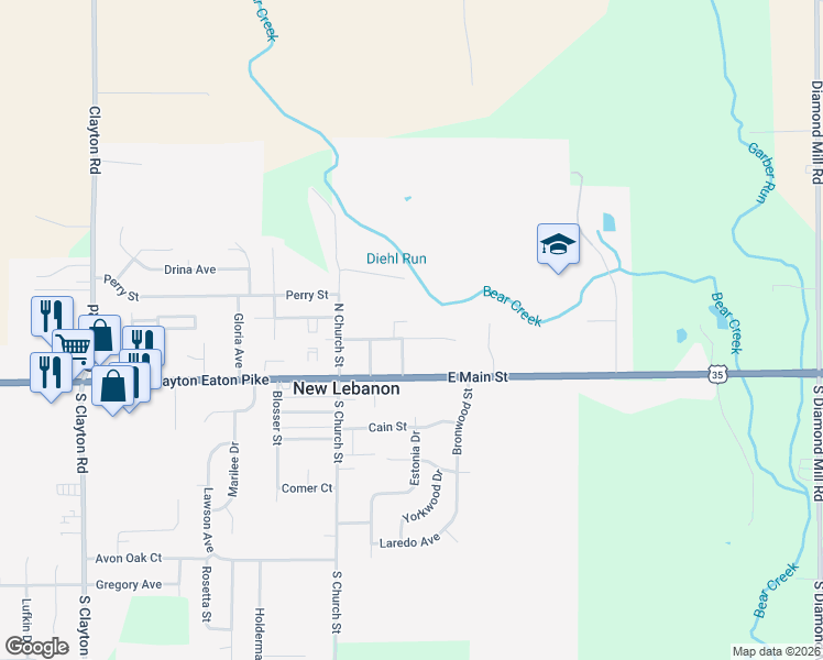 map of restaurants, bars, coffee shops, grocery stores, and more near 211 Weaver Street in New Lebanon