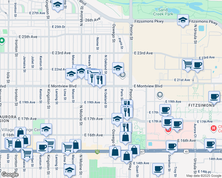 map of restaurants, bars, coffee shops, grocery stores, and more near 11858 East Montview Boulevard in Aurora
