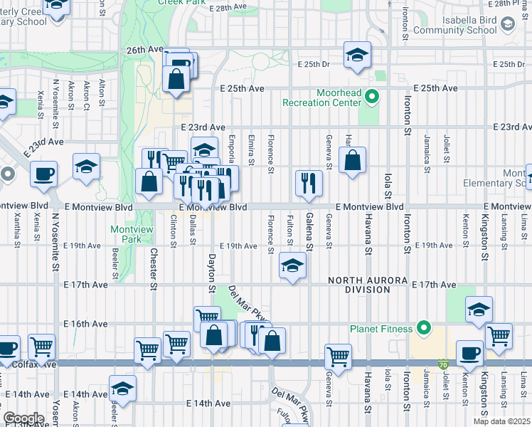 map of restaurants, bars, coffee shops, grocery stores, and more near 1980 Elmira Street in Aurora