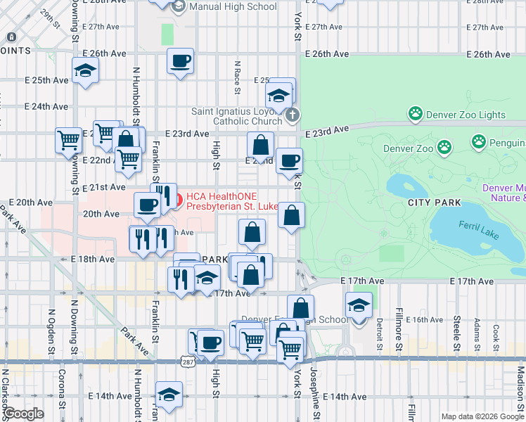 map of restaurants, bars, coffee shops, grocery stores, and more near 2027 East 20th Avenue in Denver