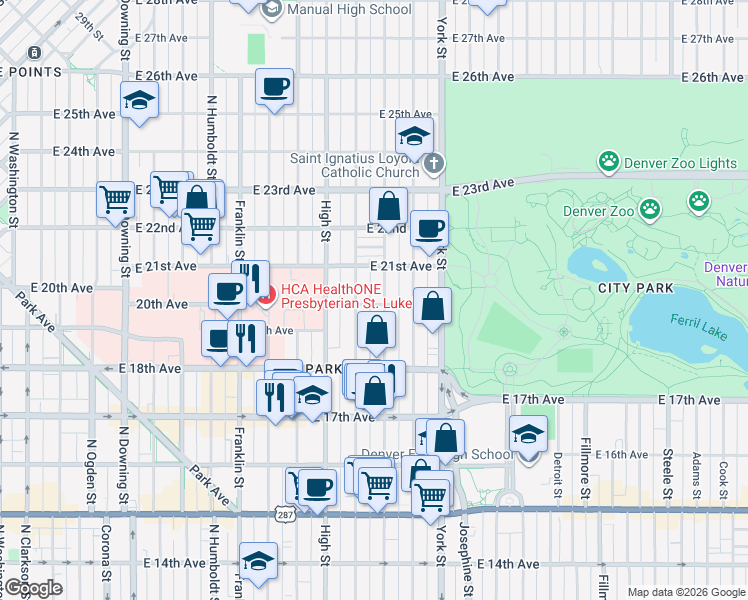 map of restaurants, bars, coffee shops, grocery stores, and more near 2027 East 20th Avenue in Denver