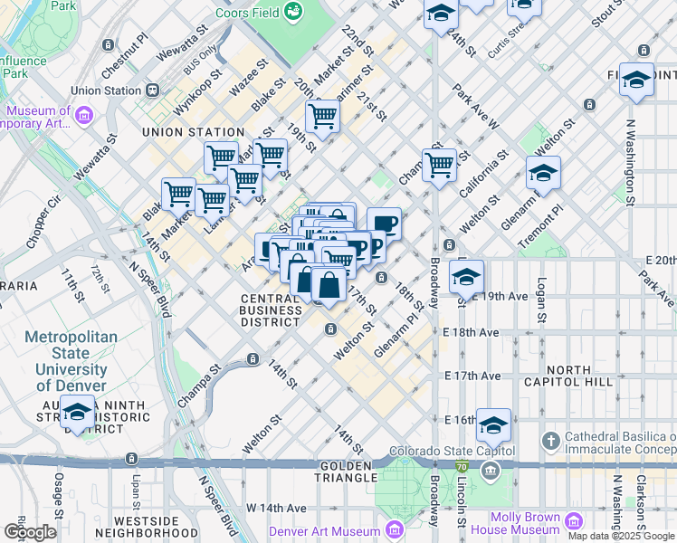 map of restaurants, bars, coffee shops, grocery stores, and more near 918 17th Street in Denver