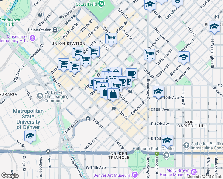 map of restaurants, bars, coffee shops, grocery stores, and more near in Denver