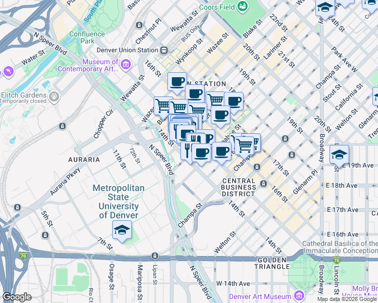 map of restaurants, bars, coffee shops, grocery stores, and more near 1401 Lawrence Street in Denver