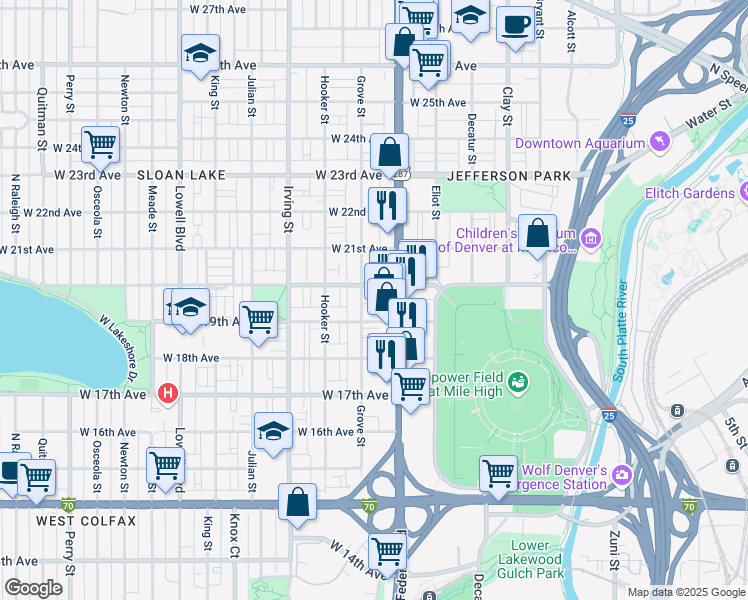 map of restaurants, bars, coffee shops, grocery stores, and more near in Denver