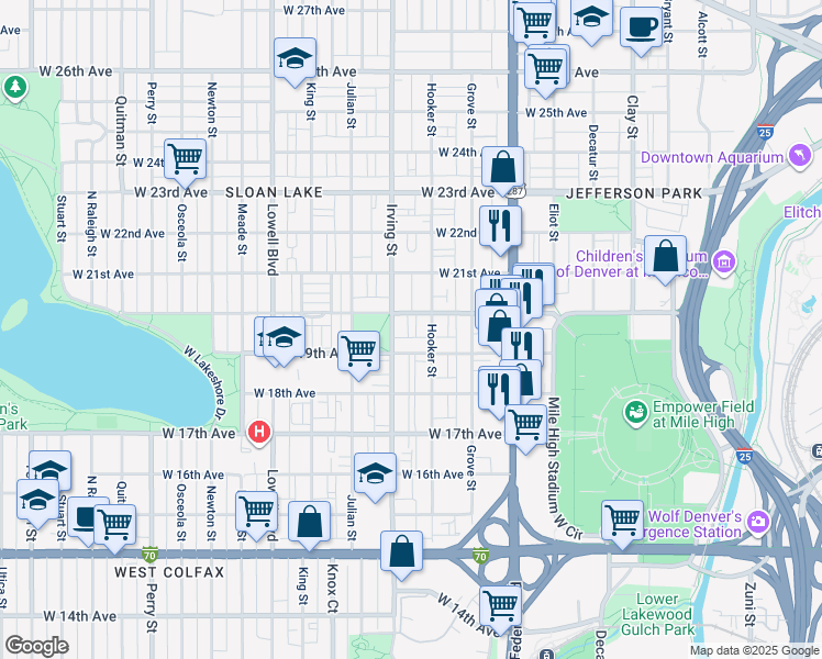map of restaurants, bars, coffee shops, grocery stores, and more near 1915 Hooker Street in Denver