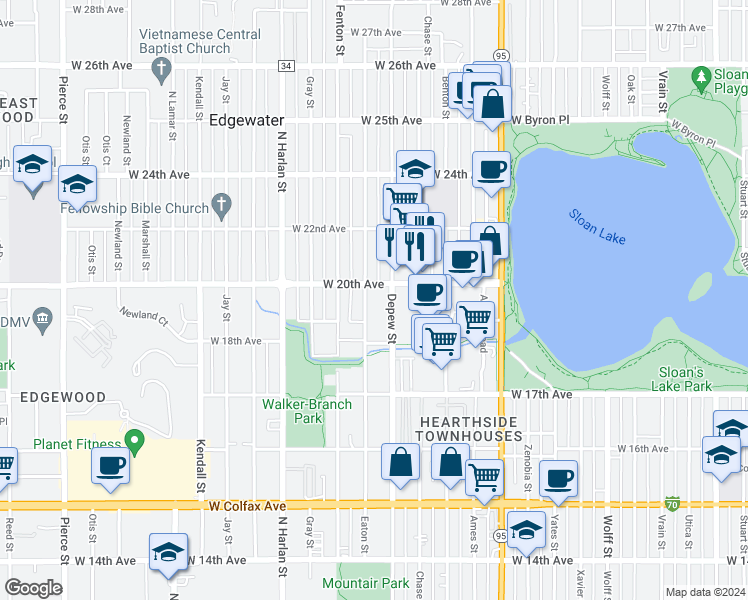 map of restaurants, bars, coffee shops, grocery stores, and more near 1960 Eaton Street in Lakewood