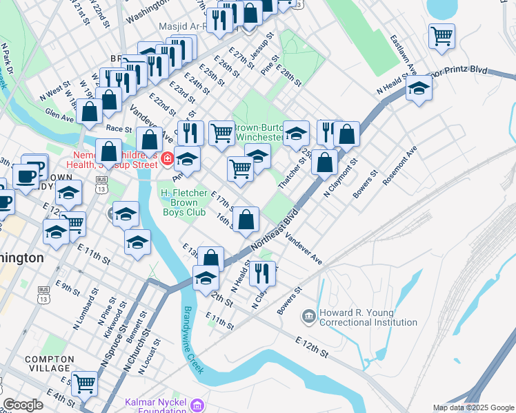 map of restaurants, bars, coffee shops, grocery stores, and more near 2107 Thatcher Street in Wilmington