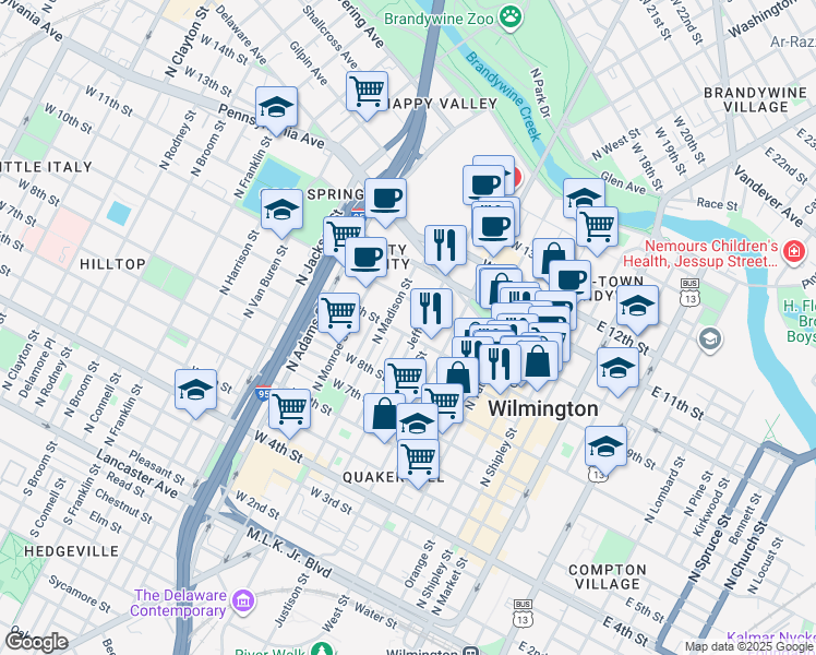 map of restaurants, bars, coffee shops, grocery stores, and more near 603 West 9th Street in Wilmington
