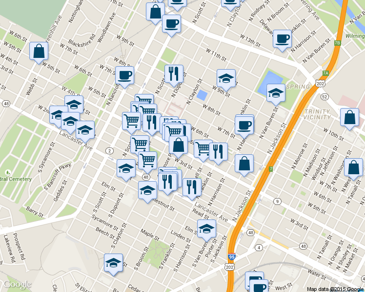map of restaurants, bars, coffee shops, grocery stores, and more near 401 North Rodney Street in Wilmington