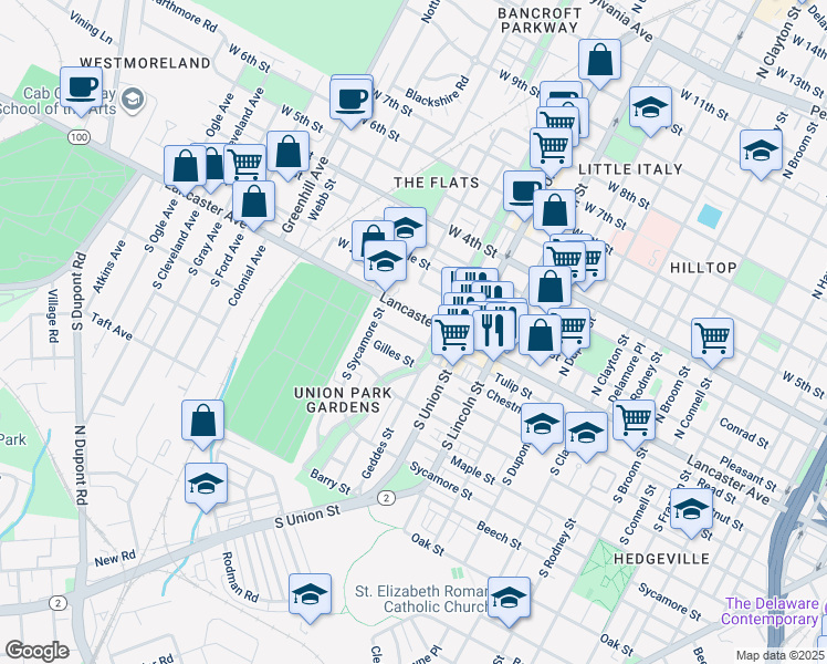 map of restaurants, bars, coffee shops, grocery stores, and more near 1 South Bancroft Parkway in Wilmington