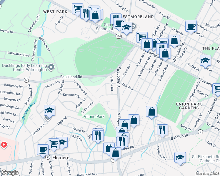 map of restaurants, bars, coffee shops, grocery stores, and more near in Wilmington