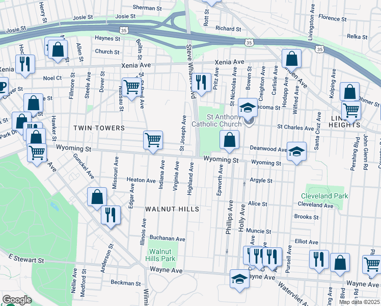 map of restaurants, bars, coffee shops, grocery stores, and more near in Dayton