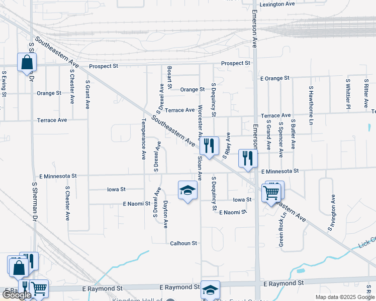 map of restaurants, bars, coffee shops, grocery stores, and more near 4765 Southeastern Avenue in Indianapolis