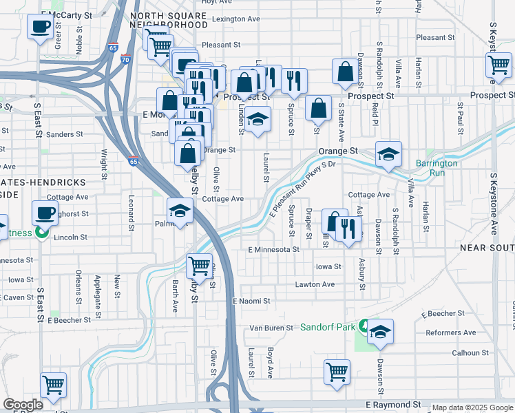 map of restaurants, bars, coffee shops, grocery stores, and more near 1518 Laurel Street in Indianapolis