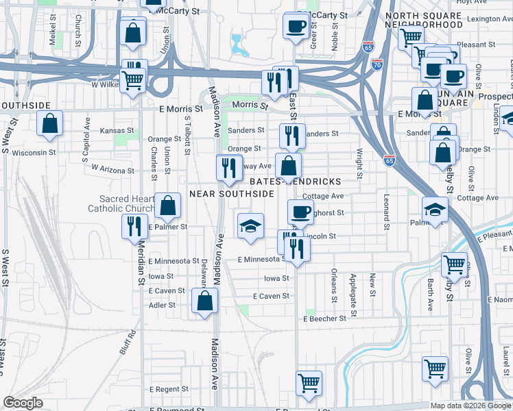 map of restaurants, bars, coffee shops, grocery stores, and more near 1448 South Alabama Street in Indianapolis