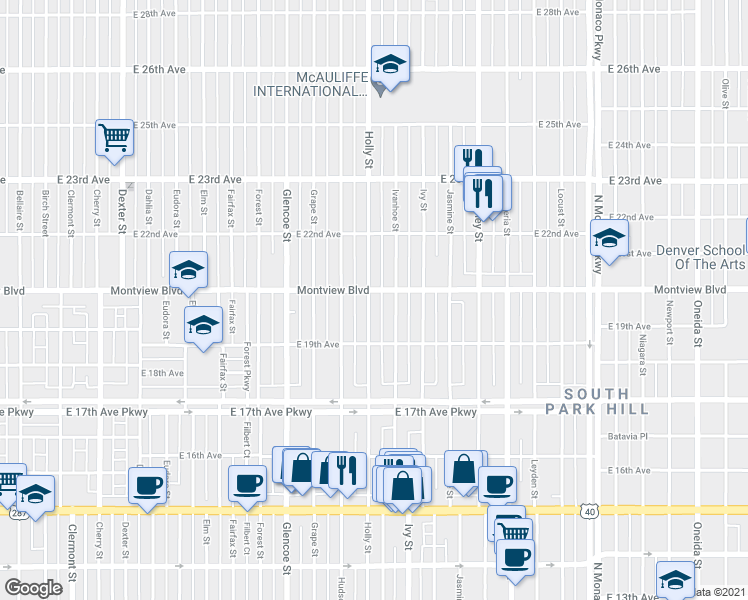 map of restaurants, bars, coffee shops, grocery stores, and more near 5600 Montview Boulevard in Denver
