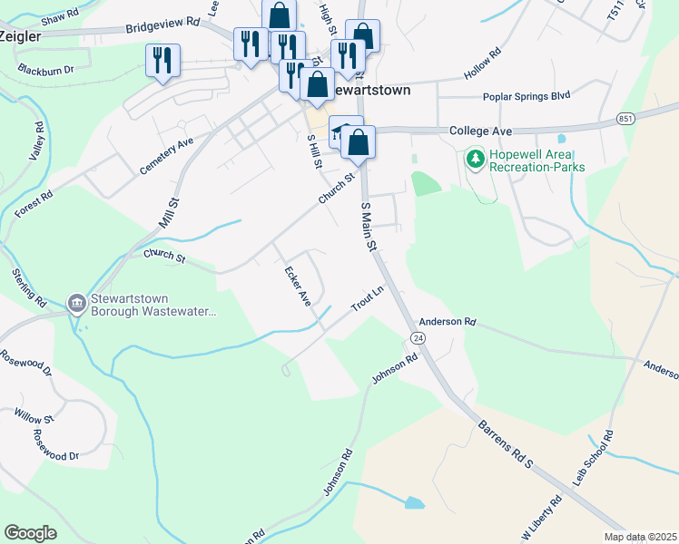 map of restaurants, bars, coffee shops, grocery stores, and more near 9 Katie Court in Stewartstown